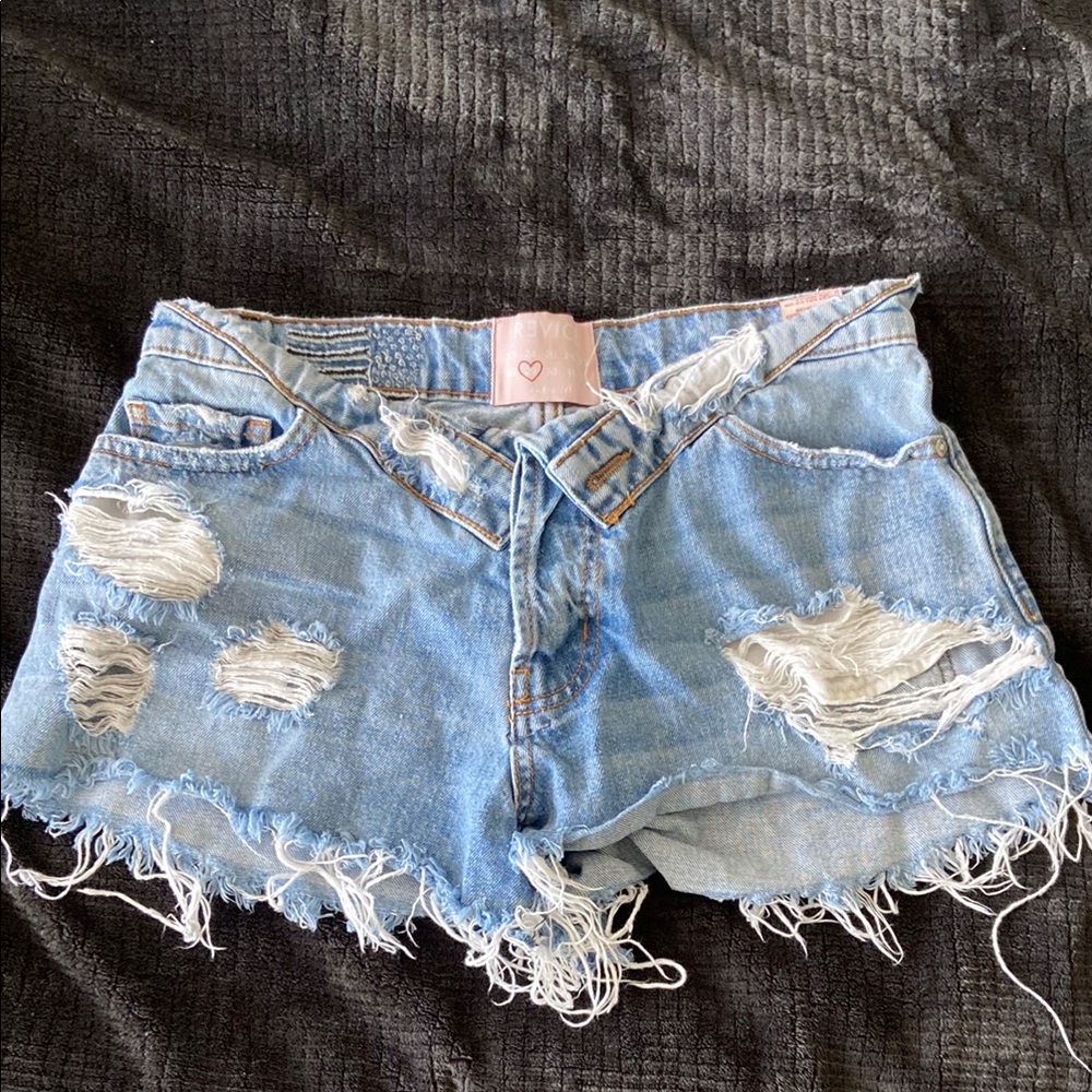 REVICE Light Blue Distressed Jean Shorts